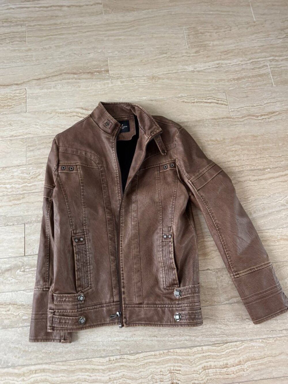 Kh Schdarrow Knhor Brown Faux Leather Cafe Racer Jacket Coat - Men's